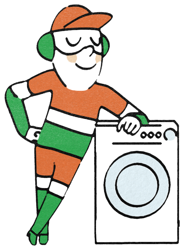 Visuel illustrant Sergio, la mascotte d'Envie, adossé à un lave-linge.